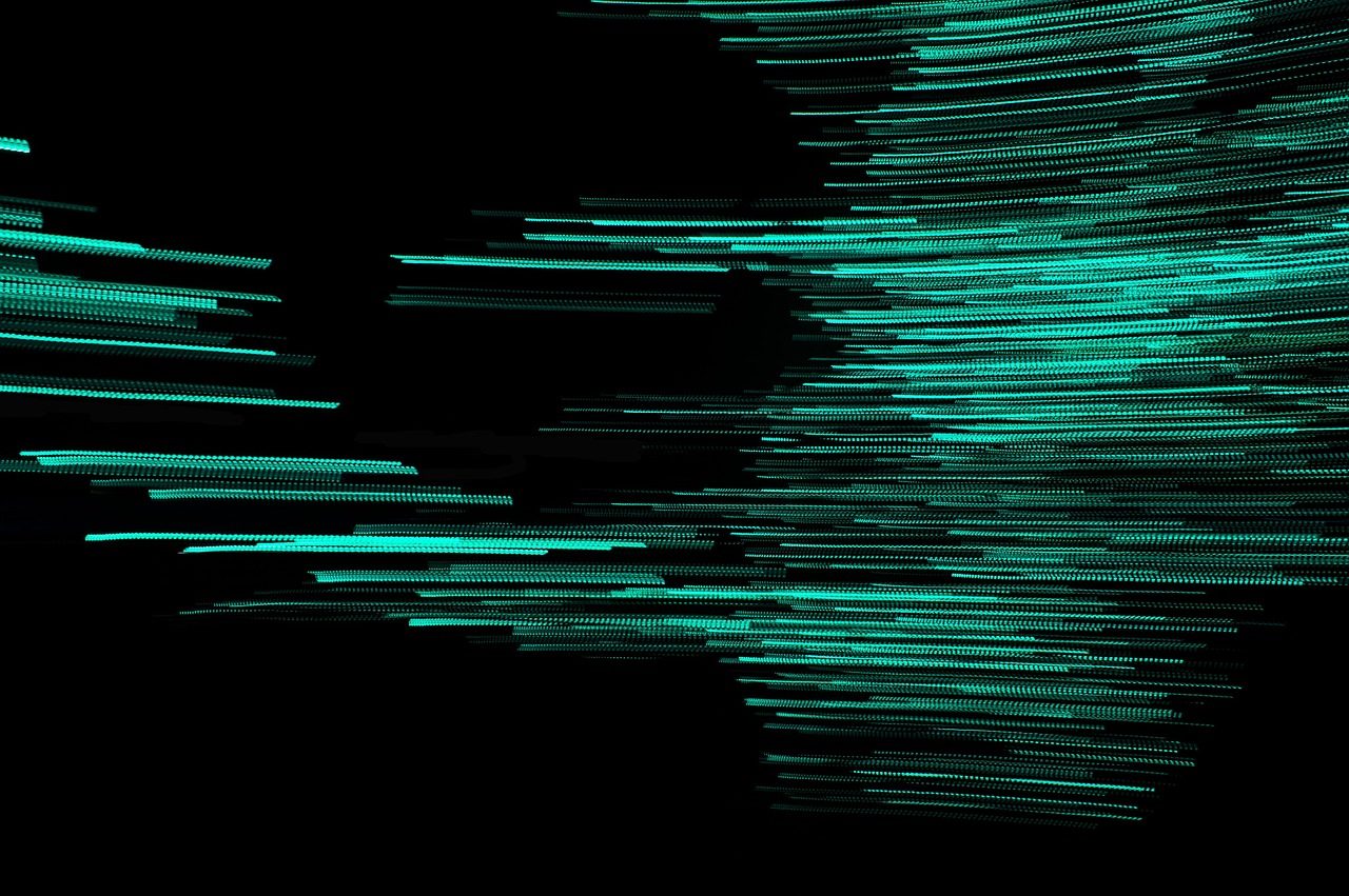 Mint light streaks drawn horizontally across pure black