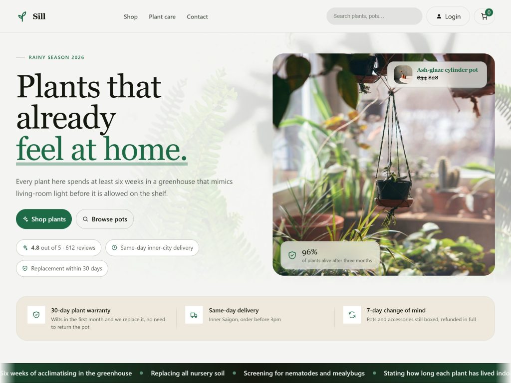 The Sill Plants template home page, as it appears in the demo