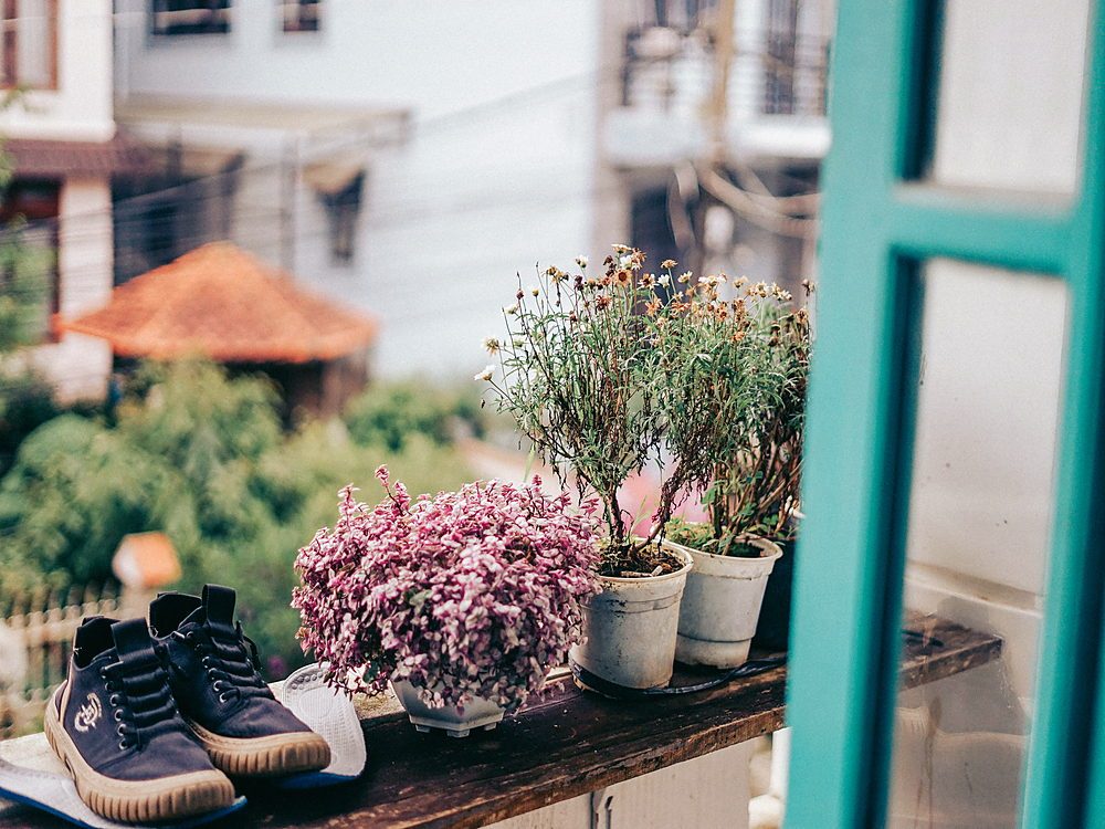 Shoes on a charming balcony with blooming flowers and city view. Perfect for lifestyle and leisure themes