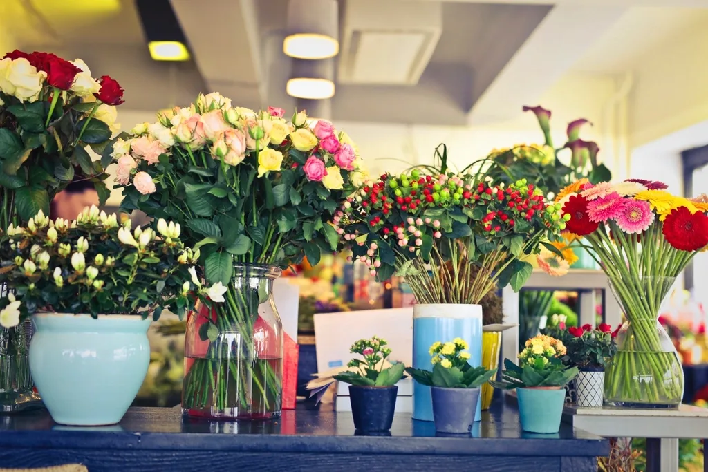 Inside the shop, flowers standing in buckets along the counter.