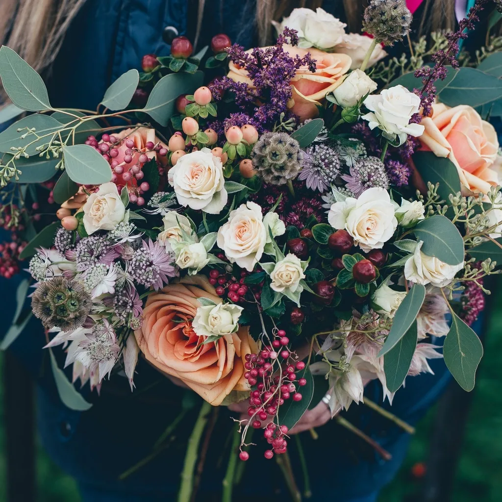 An autumn bouquet of scabiosa and berries against a dark ground.