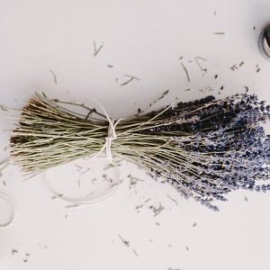 Dried lavender laid out with scissors and a ball of twine.